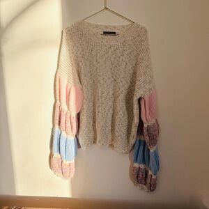 SHEIN Cream Sweater with Pink and Blue Patchwork Sleeves